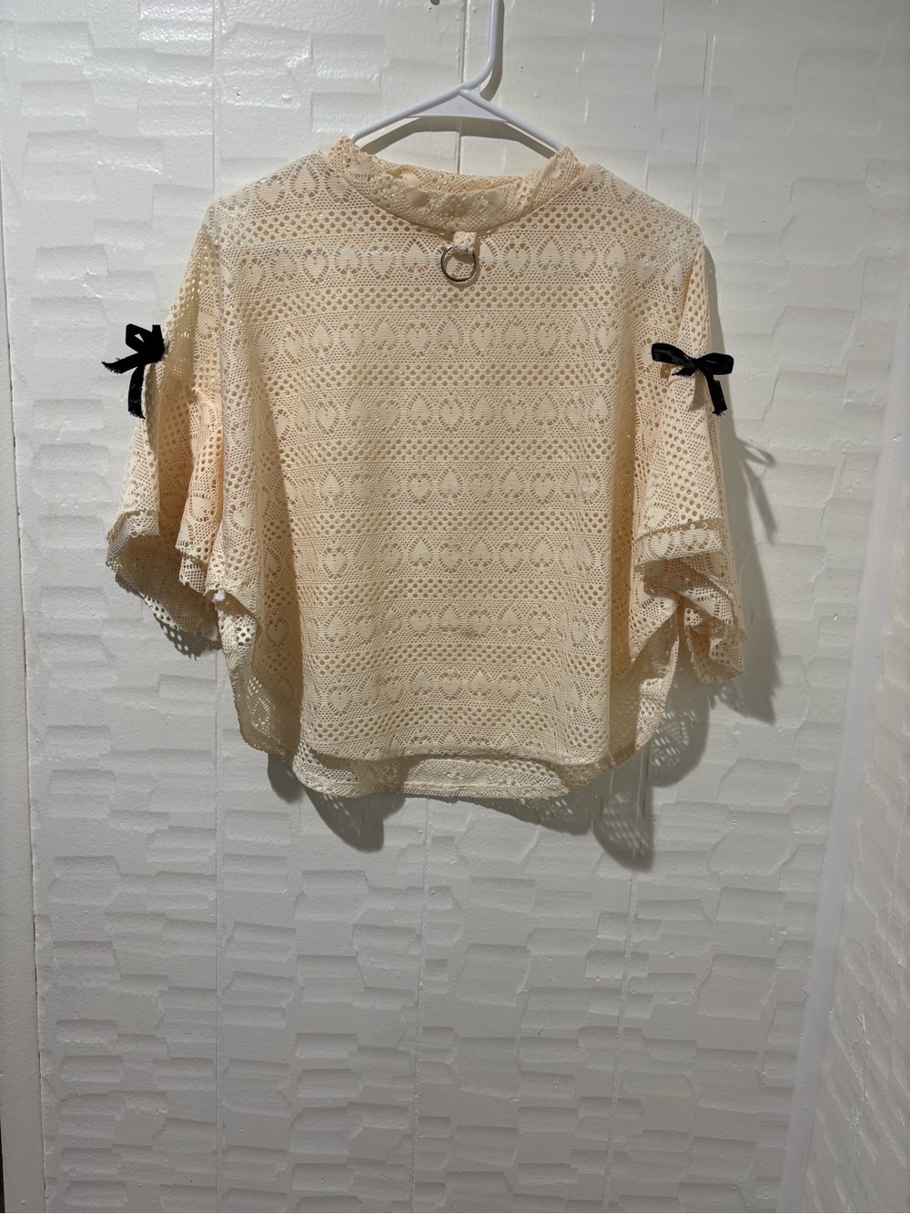 Indian Summer Cream Lace Crochet Flutter Sleeve Top with Black Bow Accents